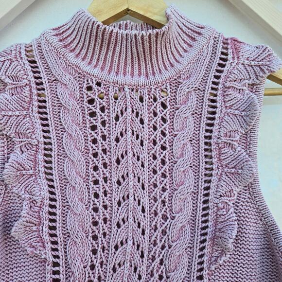 WHBM Women Boho Coquette Romantic Dusty Pink Lace Ruffle Open Knit Sweater Top M - Picture 3 of 11